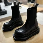 Bottines Chelsea à plateforme noire pour femme, bottines d&rsquo;hiver en cuir à bout carré, à enfiler, Style britannique, décontractées, antidérapantes, pour moto