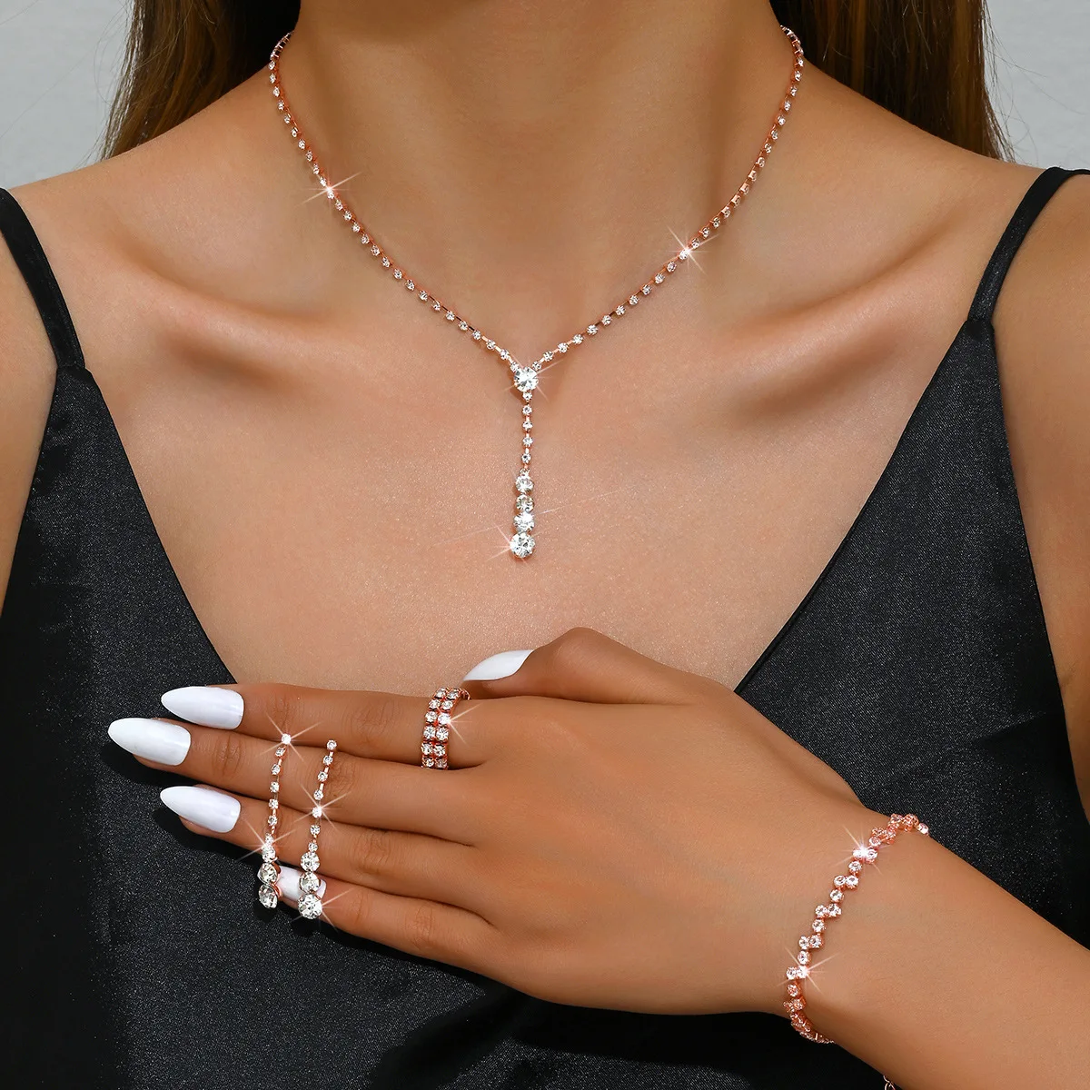 Ensemble de bijoux de bal en argent, 5 pièces, bagues minimalistes, collier, boucles d'oreilles, Bracelet pour femmes, accessoires pour robe de soirée de mariage, cadeau