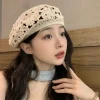 chapeau à fleurs respirant, grande circonférence de la tête, béret ajouré, couvre chef, style japonais, bonnet tricoté au crochet, vacances