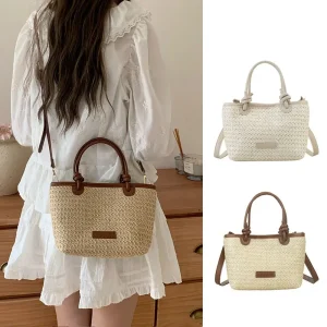 Sac en paille tissé d&rsquo;été élégant, style bohème, loisirs, plage, vacances, sac seau pour femmes/filles