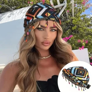 Foulard élastique coloré perlé Hijab Style ethnique pré-cravate bandeau bonnet sans bords chapeau respirant Jacquard pull casquette