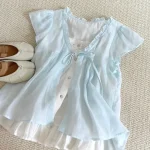 Dentelle femmes chemise à manches courtes haut tendance 2025 été couleur unie Blouse coréenne Blouse Patchwork en mousseline de soie dames vêtements femme