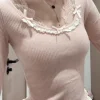 t shirt à manches longues en dentelle pour femmes, à carreaux y2k, avec nœud solide, slim, mode coréenne, vêtements tricotés, 2025