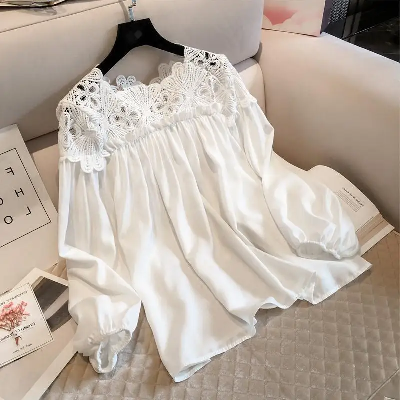 dentelle maille femmes chemise broderie patchwork blouses 2025 printemps à manches longues hauts décontracté blouses amples femme blusas pull