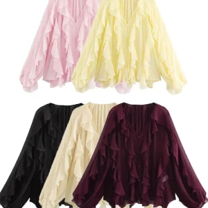 Chemise décontractée à volants pour femmes, ample, à lacets, ajouré, col en V, chemisiers de printemps, vêtements pour femmes, 2025