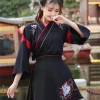 robe kimono japonaise pour femme, jupe brodée de chat noir et blanc, vêtements vintage asiatiques, costume harajuku de cosplay anime de fête du yukat