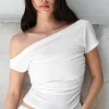 t shirts de couleur unie pour femmes, épaules dénudées, haut court, vêtements y2k, manches courtes, asymétriques, streetwear