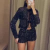 veste courte à paillettes pour femme, ensemble à lacets, col rond, manches longues, manteaux, taille haute, short droit, paillettes chic, nouveaux ensembles pour femmes