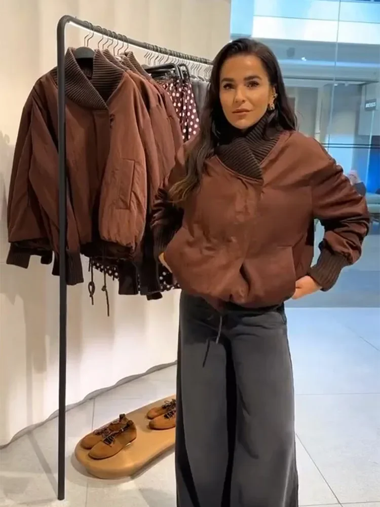 Veste portefeuille marron tendance pour femmes, col tricoté solide et poignets, cordon de serrage à la taille, haut confortable et décontracté, nouvelle collection 20225, Chic, Streetwear