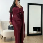 Abaya – Robe de soirée en Satin bordeaux pour femmes, modeste, Simple, offre spéciale, Robe de Cocktail avec Cape latérale, élégante, arabe, manches longues