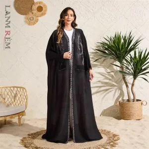LANMREM Abaya Cardigan Robe pour femmes plissé imprimé à manches longues Trench manteau arabie saoudite élastique ample vêtements pour femmes 2DB4557