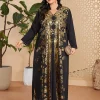 musulman arabe femme ample décontracté rétro ethnique impression noir col en v manches longues vêtements abaya femmes dubaï longue robe grande taille