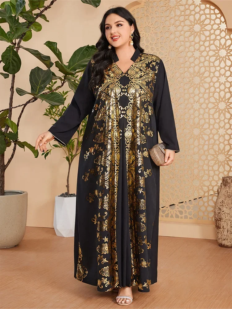 musulman arabe femme ample décontracté rétro ethnique impression noir col en v manches longues vêtements abaya femmes dubaï longue robe grande taille