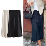 HH femmes élégant solide Satin jupe longue Chic Y2K taille haute jupes minces femme mode soie Texture dames serré jupe Midi