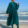 nouveau burkini musulman tout couvert maillot de bain maillots de bain amples pour les femmes couleur unie robe à manches longues et maillot de bain une pièce avec hijab
