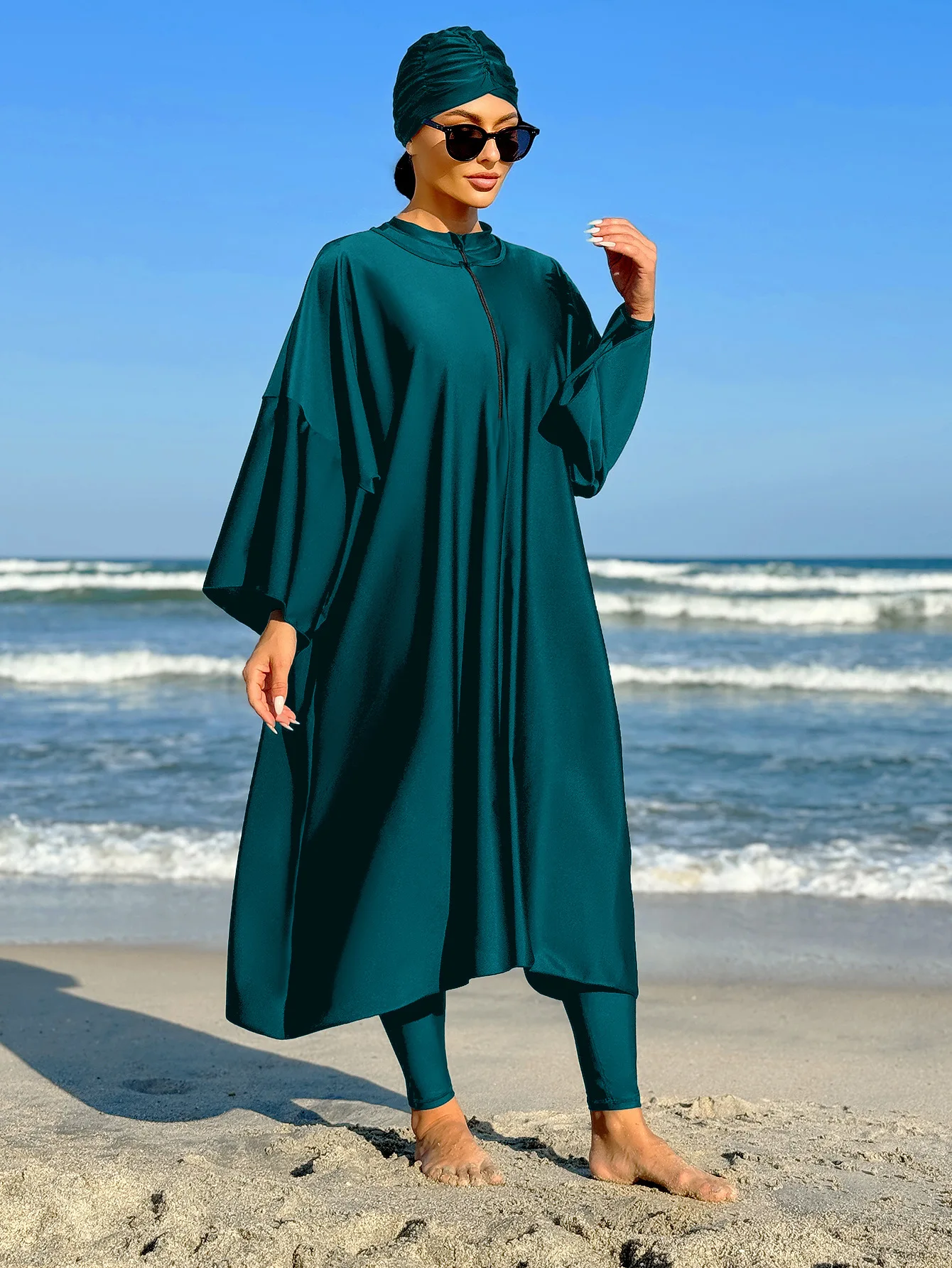nouveau burkini musulman tout couvert maillot de bain maillots de bain amples pour les femmes couleur unie robe à manches longues et maillot de bain une pièce avec hijab