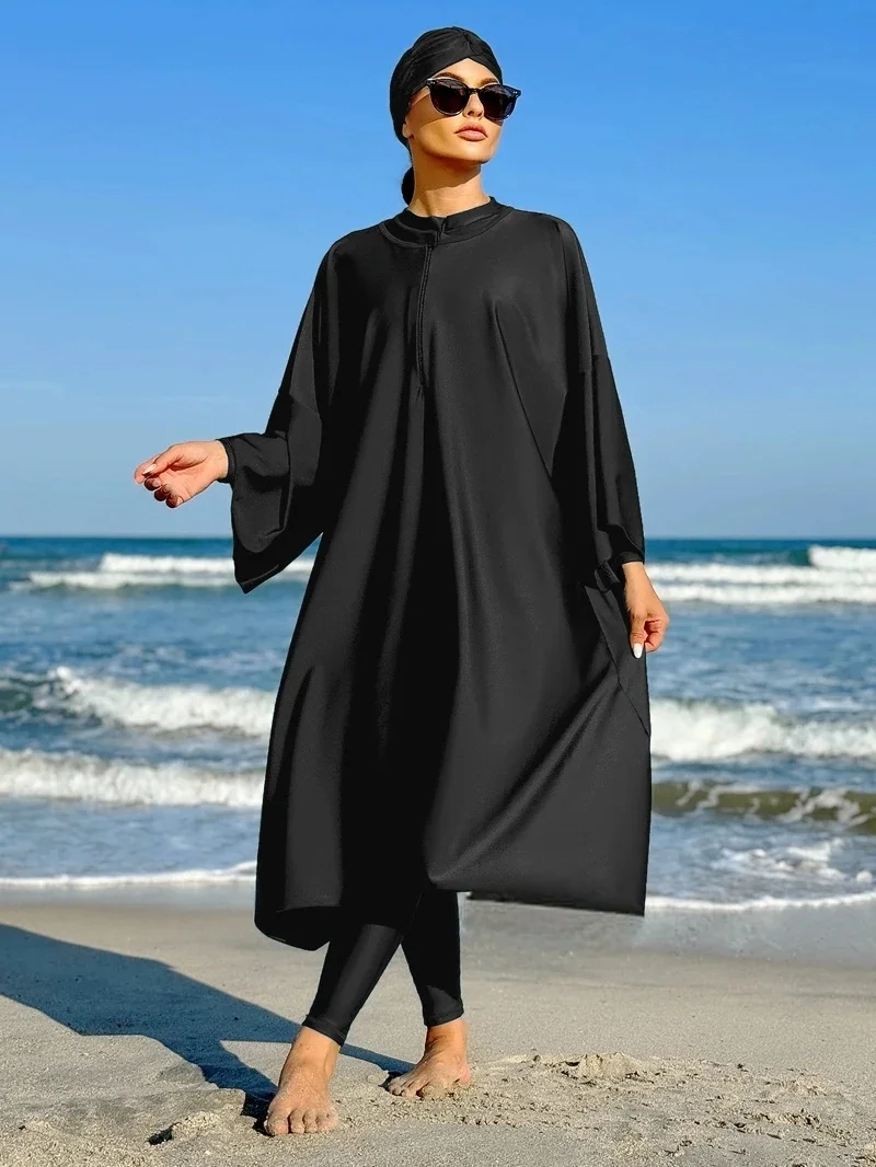 Maillot de bain modeste Burkini musulman tout couvert maillots de bain amples pour femmes couleur unie Robe à manches longues et Onesie maillots de bain avec Hijab Maillot de bain modeste Burkini musulman tout couvert maillots de bain amples pour femmes couleur unie Robe à manches longues et Onesie maillots de bain avec Hijab