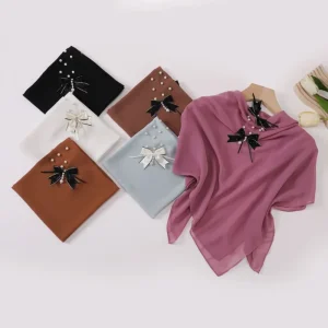 New 90 * 90cm Hijab For Women Fashion Headscarf Turban Solid Color Wrap Pearl Chiffon Xiaoxiangfeng Bow Square Scarf Muslim Girl