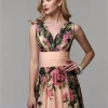 robe de soirée personnalisée en mousseline de soie pour femme, tenue de bal Élégante à motif floral, coupe trapèze, col en v froncé, longueur au sol, 2025