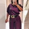 ensemble pantalon long avec ceinture élégante pour femmes, chemises à manches courtes, jambes larges, ensemble 2 pièces, tenues chics pour bureau, y2k