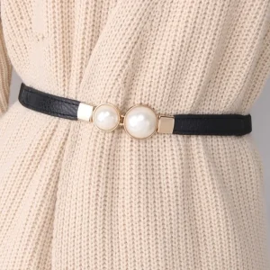 Ceinture à boucle en perles créative en cuir PU pour robe, jupe, taille élastique fine pour femmes, ceinture pour dames