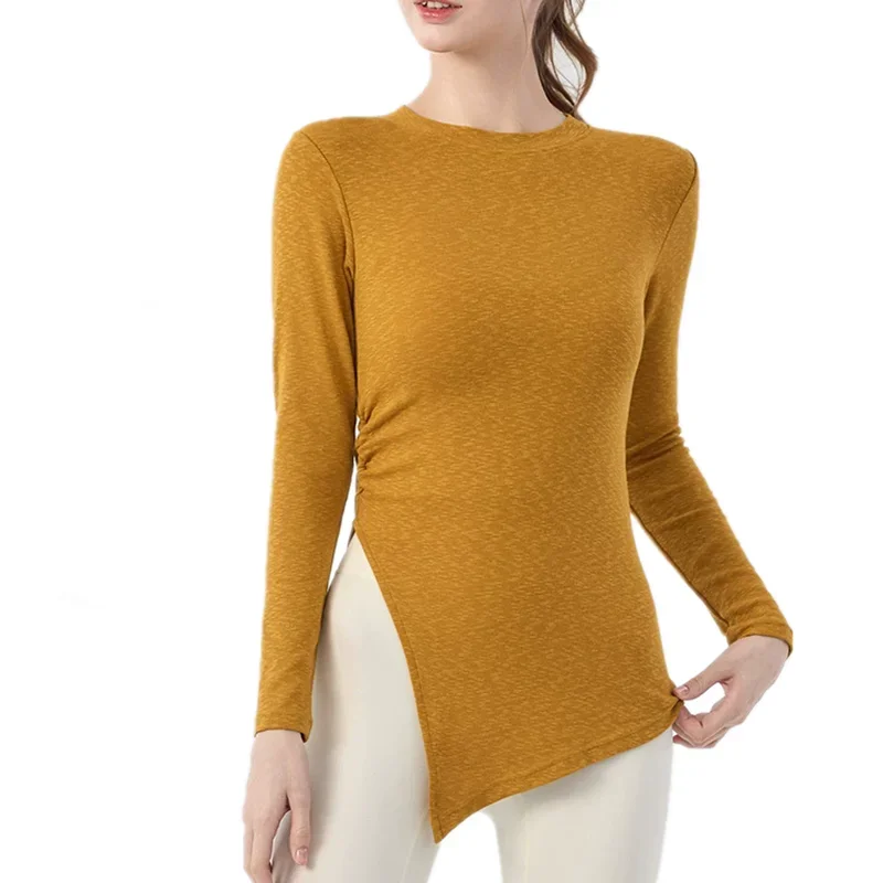 yoga gym cover up à manches longues couvrant les fesses femmes plissées fentes latérales ample décontracté automne fitness pilates vêtements de yoga pour les femmes