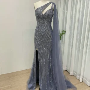 MYMB Rotterdam-Robe sirène perlée Kly avec manches cape, robe de soirée arabe bleue, haut fendu, tout ce que Dubaï, luxe, une initiée, fête de mariage