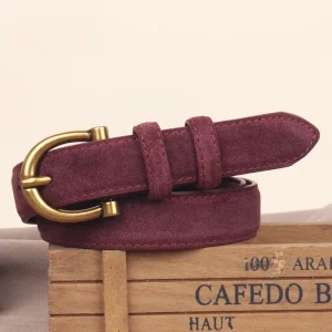 Mode femmes ceinture daim en cuir véritable ceinture maigre boucle en or vin rouge ceintures pour jean pantalon décontracté
