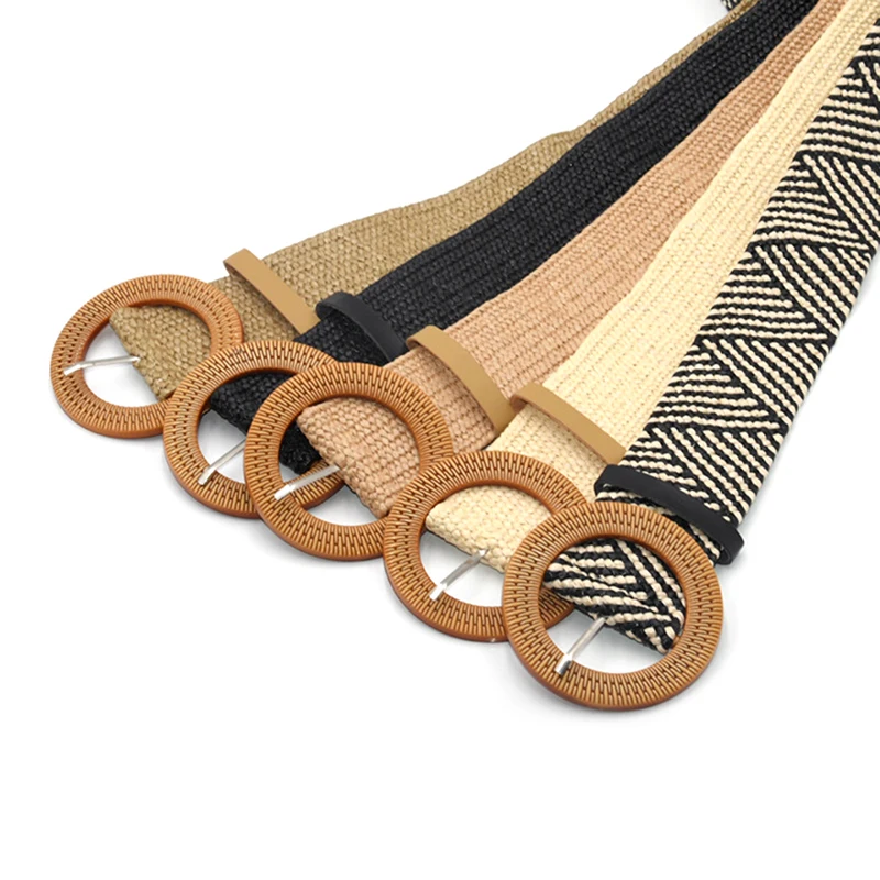 Ceinture élastique tressée en plastique pour femmes, ronde, vintage, bohème, paille, décorative, robe, été