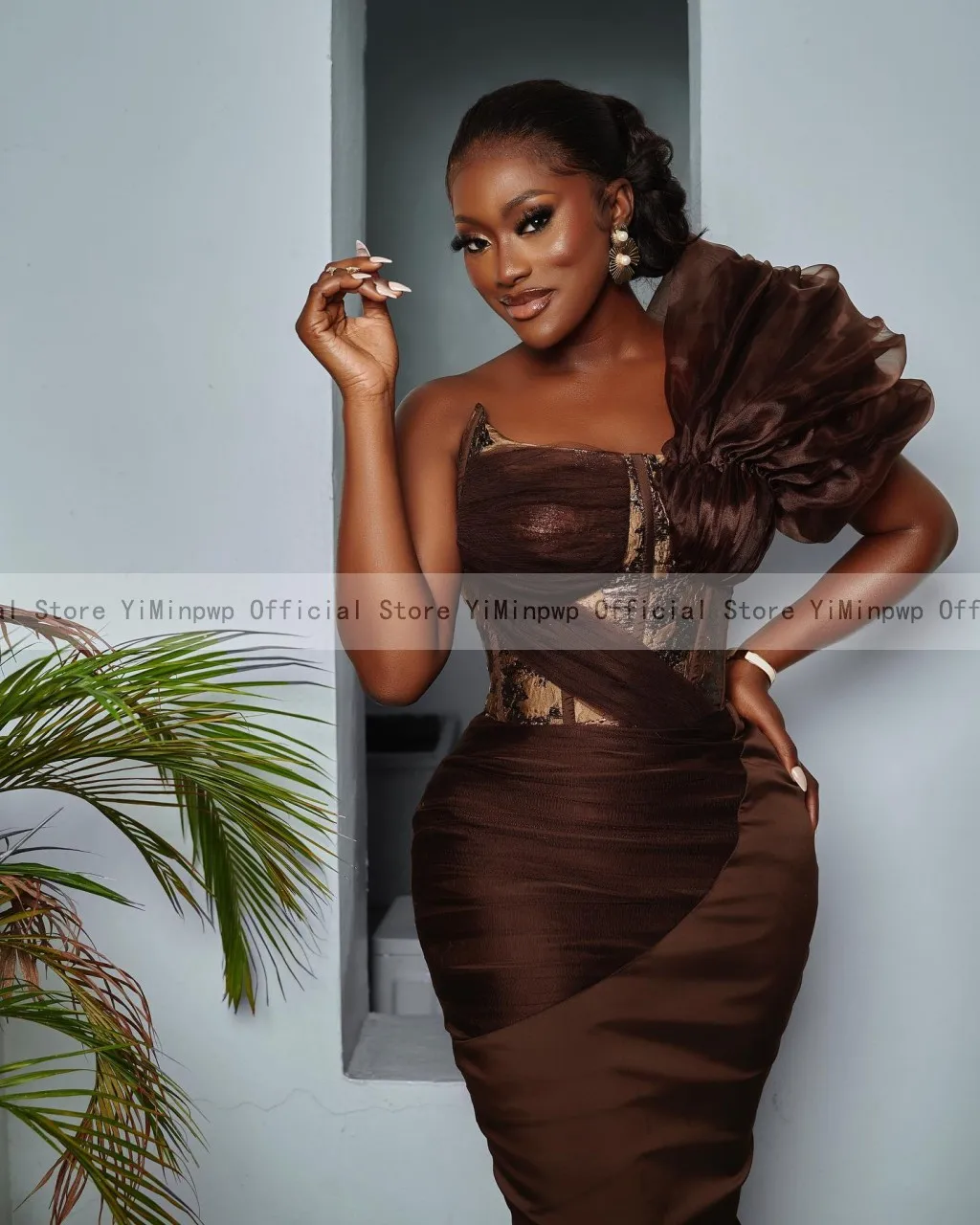 Aso Ebi – robe de soirée marron pour femmes, asymétrique épaule dénudée, plissée, robes de fête de mariage africaines, longue robe d'occasion formelle personnaliséeAso Ebi robes de soirée marron pour les femmes une épa