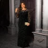 robe de soirée courbe élégante pour femmes, dentelle, manches longues, paillettes, velours, ajouré, robe maxi modeste