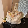 sac fourre tout de plage bohème fait à la main, perles colorées, garniture florale, paille naturelle au crochet, sac à bandoulière pour femmes, sac décontracté pour voyage