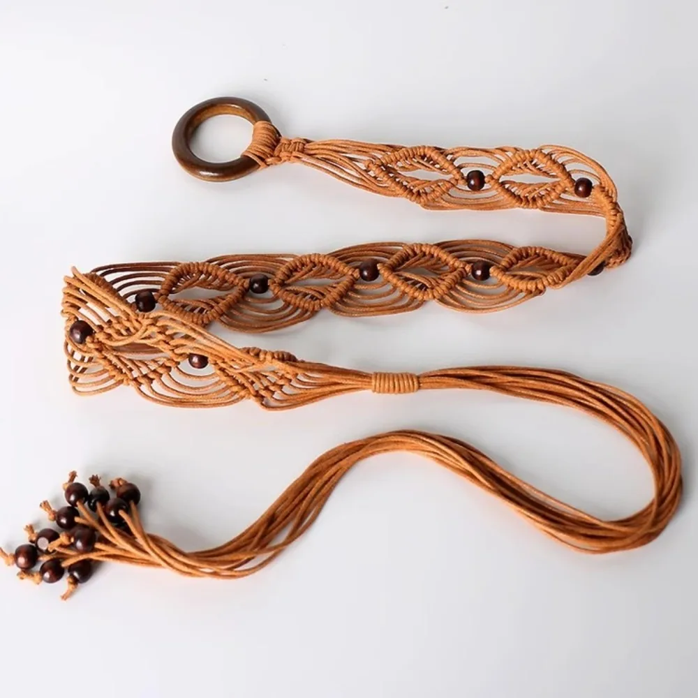Corde de cire pour femme, corde de taille, Style bohème, ceinture à nœud tissé avec glands, décors de perles en bois, chaîne de taille de Style ethnique, vacances