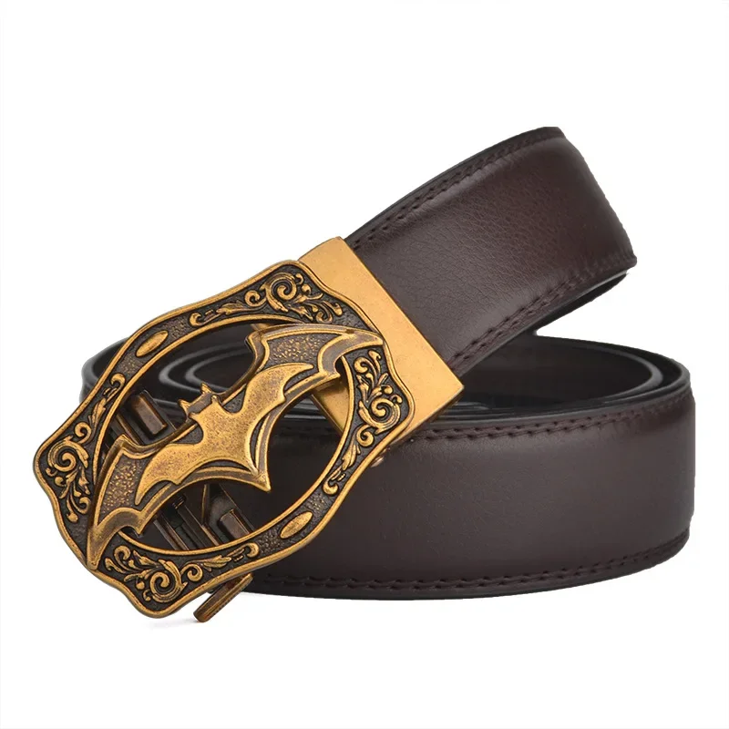 Ceinture à boucle automatique Vintage chauve-souris argent or pour hommes en cuir véritable grande taille grand 130 140 150 160 170cm marron noir ceintures 2024
