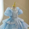 robe de princesse à fleurs scintillantes pour filles, manches bouffantes, en tulle à plusieurs niveaux, décolleté en perles, robe formelle de concours de fête de mariage, personnalisée