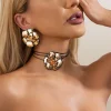 ingemark élégant grande fleur de rose collier ras du cou boucles d'oreilles pour femmes goth réglable corde chaîne mer ensemble de bijoux de mariée cadeau