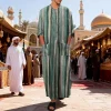 nouveaux hommes islam qamis robes rayées musulmanes à manches longues boutonné caftan arabe costume moyen orient dubaï abaya été homme vêtements