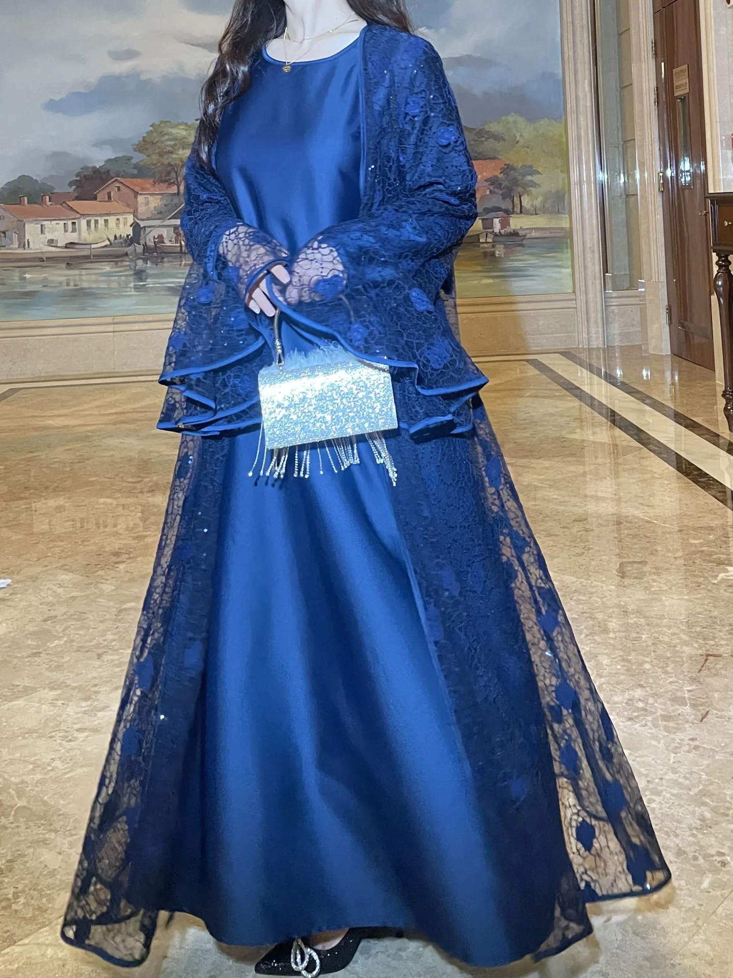 femmes musulmanes abaya robe 2 pièces ensemble manches évasées dentelle paillettes satin marocain caftan robe musulman ensembles cadigan tenue costumes