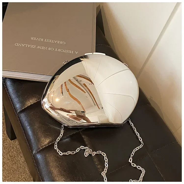 Pochette de styliste en forme de coquille acrylique pour femmes, sac de soirée doré et argenté, mignon et brillant en métal, sacs à bandoulière, petit sac à main