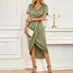 Robe de luxe en Satin pour femmes, col croisé, ourlet irrégulier, manches courtes, Robe de soirée, longue froncée, nouvelle collection été