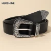 Ceinture en cuir noir à boucle florale argentée vintage pour femme, style bohème unisexe, parfaite pour l&rsquo;appariement de jeans, printemps, été