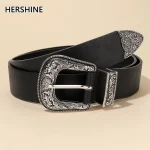 Ceinture en cuir noir à boucle florale argentée vintage pour femme, style bohème unisexe, parfaite pour l&rsquo;appariement de jeans, printemps, été