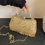Pochette de soirée en or pour femme, sac à main diamant de luxe, sac à main de fête, boîte à bandoulière initiée par pompon, sac à rouge à lèvres, designer, mode