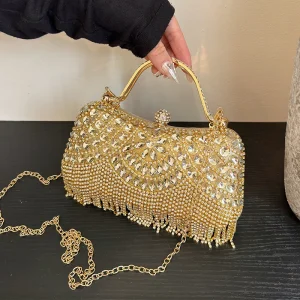 Pochette de soirée en or pour femme, sac à main diamant de luxe, sac à main de fête, boîte à bandoulière initiée par pompon, sac à rouge à lèvres, designer, mode