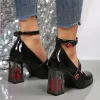 chaussures à talons hauts beiges pour femmes africaines, sandales épaisses en cuir verni mary jane de 12cm, bordeaux lolita rétro bloc, grandes pompes janes