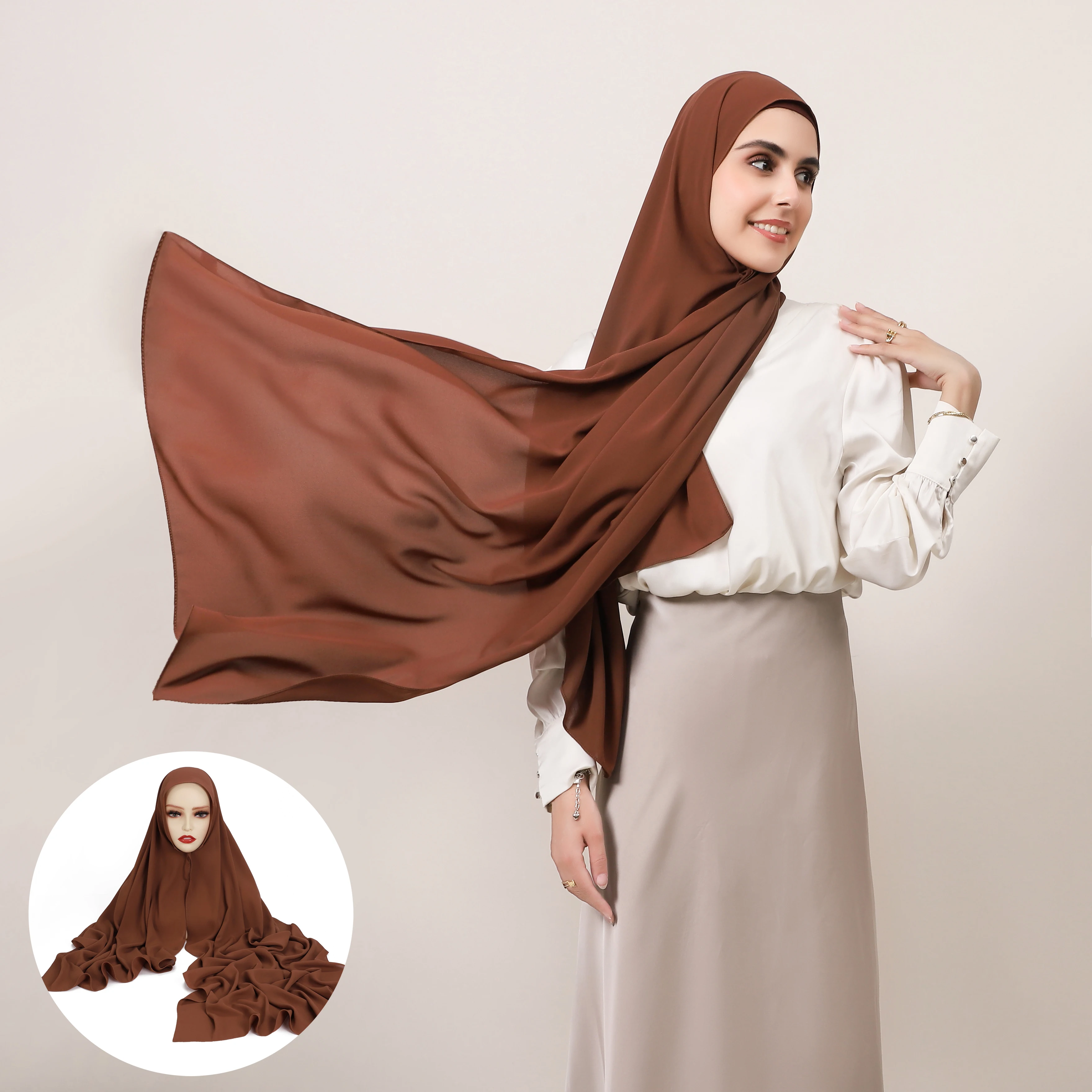 Hijab en mousseline de soie instantané de qualité supérieure avec boucle magnétique intégrée, écharpe Hijab musulmane de couleur unie pour femme, Turban islamique doux, bandeau châle