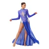 robe de danse lyrique pour femmes, strass, manches longues, dos nu, fente en mousseline de soie, justaucorps de gymnastique, costume de danse contemporaine moderne