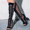 sandales de gladiateur noires à talons aiguilles, à lanières, aux genoux, à bout ouvert, multi boucles, pour femmes, nouvelle collection été 2025