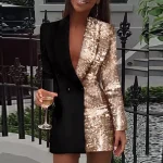 Paillettes Patchwork Blazer robe femmes mode Sexy à manches longues revers col col en V Double boutonnage Long manteau robe de Cocktail