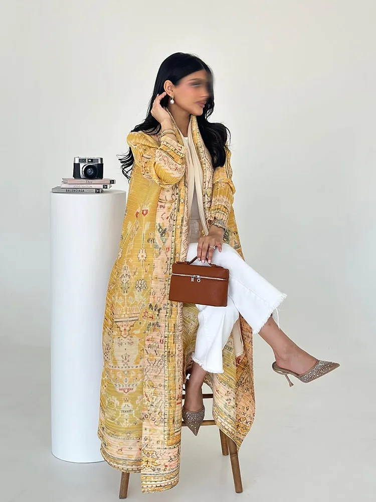 abaya miyake plissé imprimé robe veste arabe dubaï style femmes à manches longues conservateur recat musulman trench coat 55 pouces